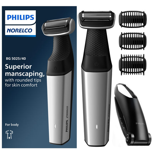 Philips Bodygroom Series 5000, Showerproof Groin and Body Trimmer, Close and Comfortable Shave, Complete Body Grooming Including Back, 60 Min. Runtime, Model BG5025/40