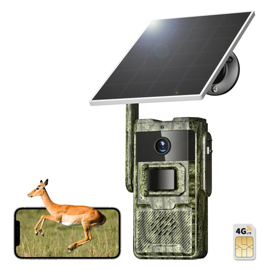Trail Camera, 2.7K Game Cameras Cellular Trail Cameras with Night Vision Motion Activated IP66 Waterproof 4G LTE Cellular Cam 940nm No Glow Infrared LEDs Solar Powered Live Streaming Security Camera