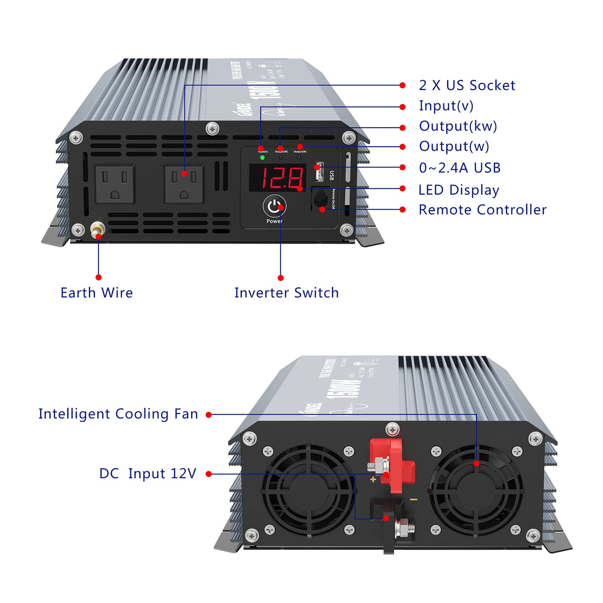 GIANDEL Power Inverter 1500W Pure Sine Wave DC 12V to AC 110V 120V with Dual AC Outlets & LED Dsiplay Remote Controller 2.4A USB Port for RVs Trucks Boats