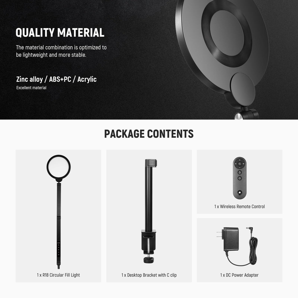 NEEWER Basics 18W 7" Desktop Ring Light with Stand for Desk, Video Conference Streaming Recording Makeup Selfie Computer Laptop Zoom Lighting, Full Screen LED Circle Ringlight with Arm & C Clamp, R18
