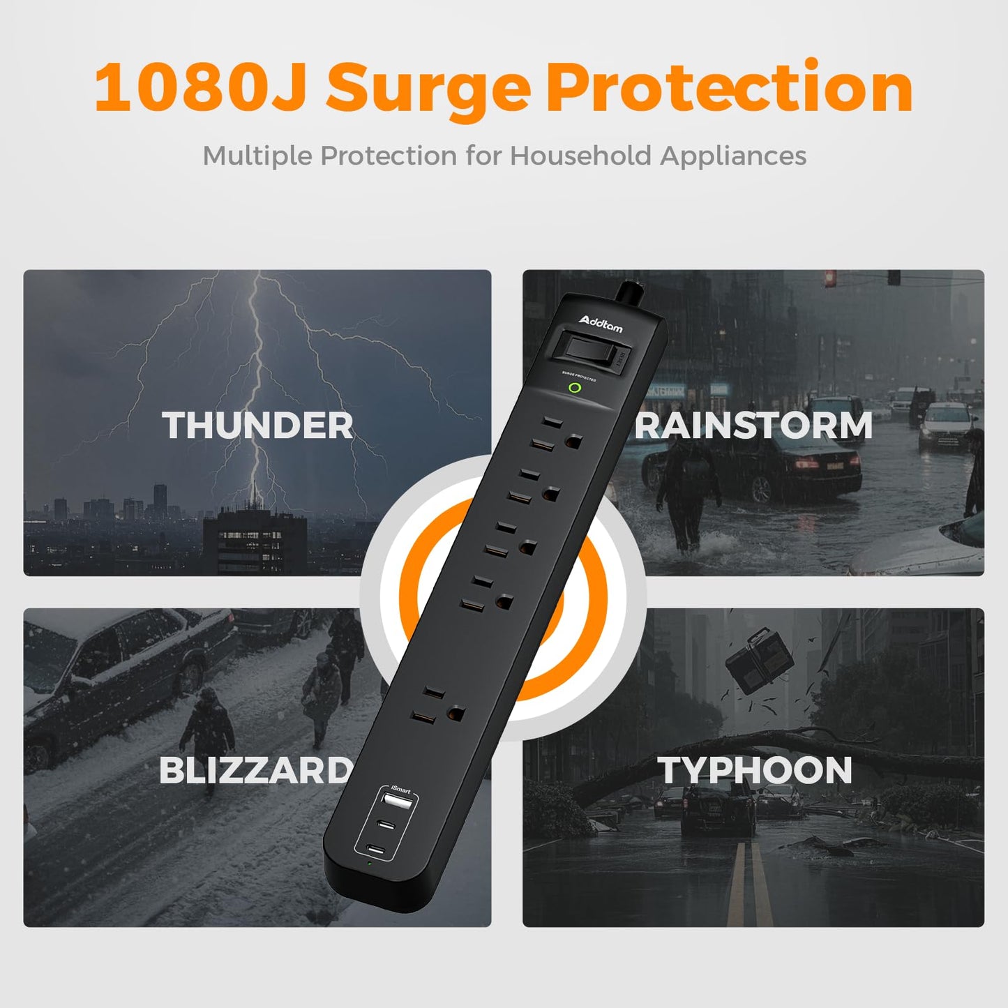 2 Pack Power Strip Surge Protector - 5 Widely Spaced Outlets 3 USB Charging Ports, 1875W/15A 6Ft Braided Extension Cord, Flat Plug Overload Protection, Wall Mount for Home Office Dorm Room Essentials