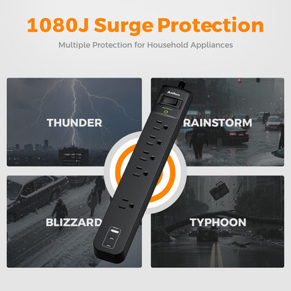 2 Pack Power Strip Surge Protector - 5 Widely Spaced Outlets 3 USB Charging Ports, 1875W/15A 6Ft Braided Extension Cord, Flat Plug Overload Protection, Wall Mount for Home Office Dorm Room Essentials