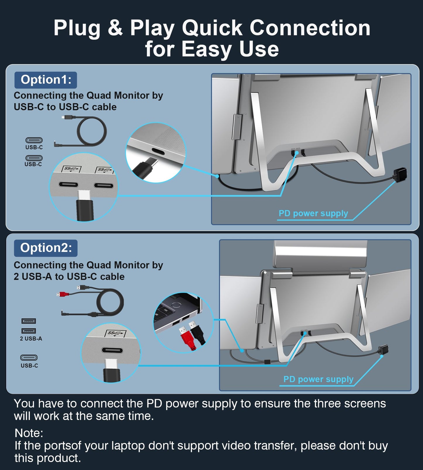 FOPO 15.6" Laptop Screen Extender Monitor Portable, Quad Monitor, Just 1 Cable for 3 Screens, FHD 1080P IPS Laptop Extender Compatible with Wins/Mac for 13.6" - 17.3" Laptops