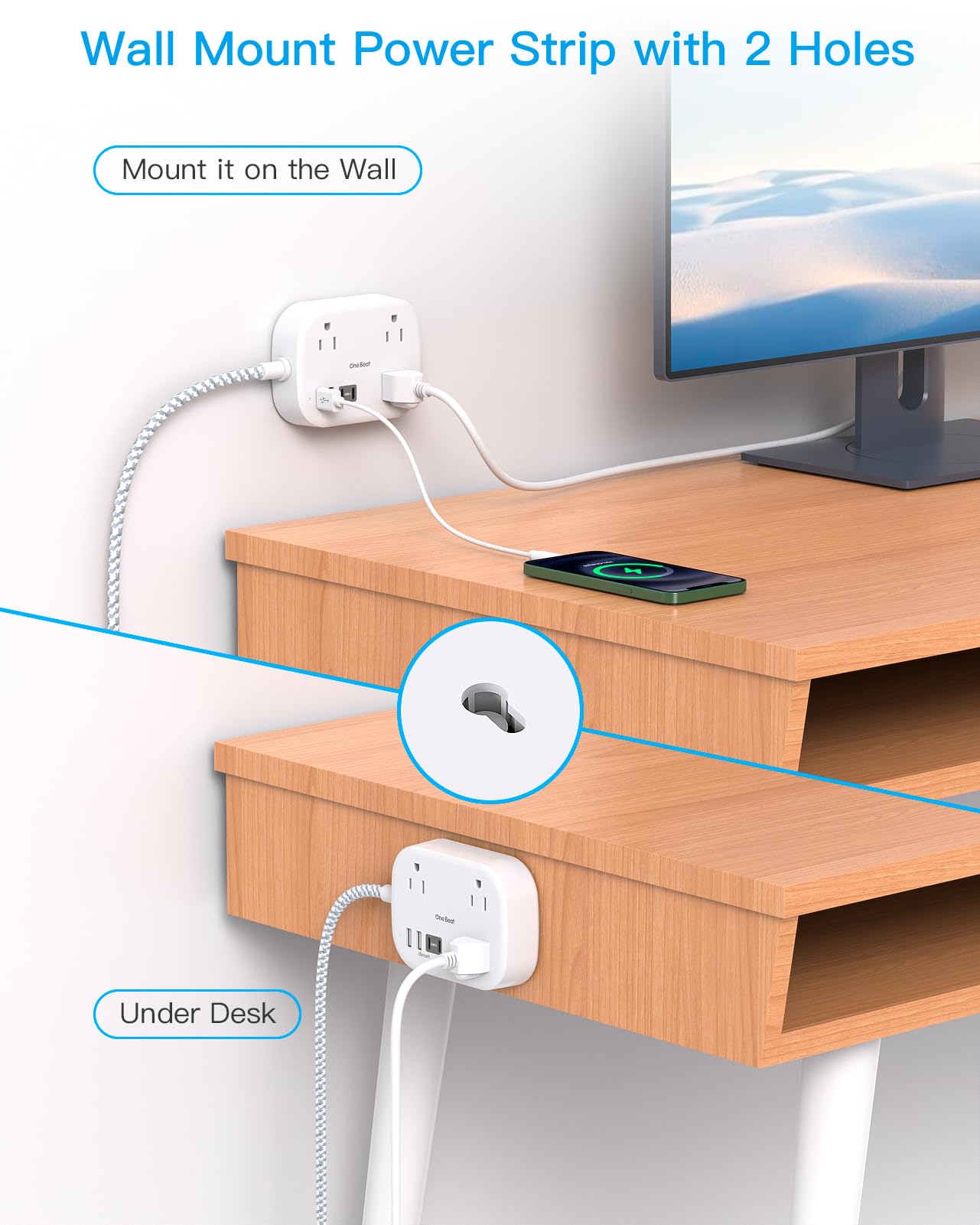Cruise Essentials 2025,One Beat Travel Power Strip with USB C,Flat Plug Extension Cord with 3 Outlets 4 USB Ports(2 USB C),5 ft Desk Wall Outlet Extender,Non Surge Protector for Cruise,Dorm Room,ETL