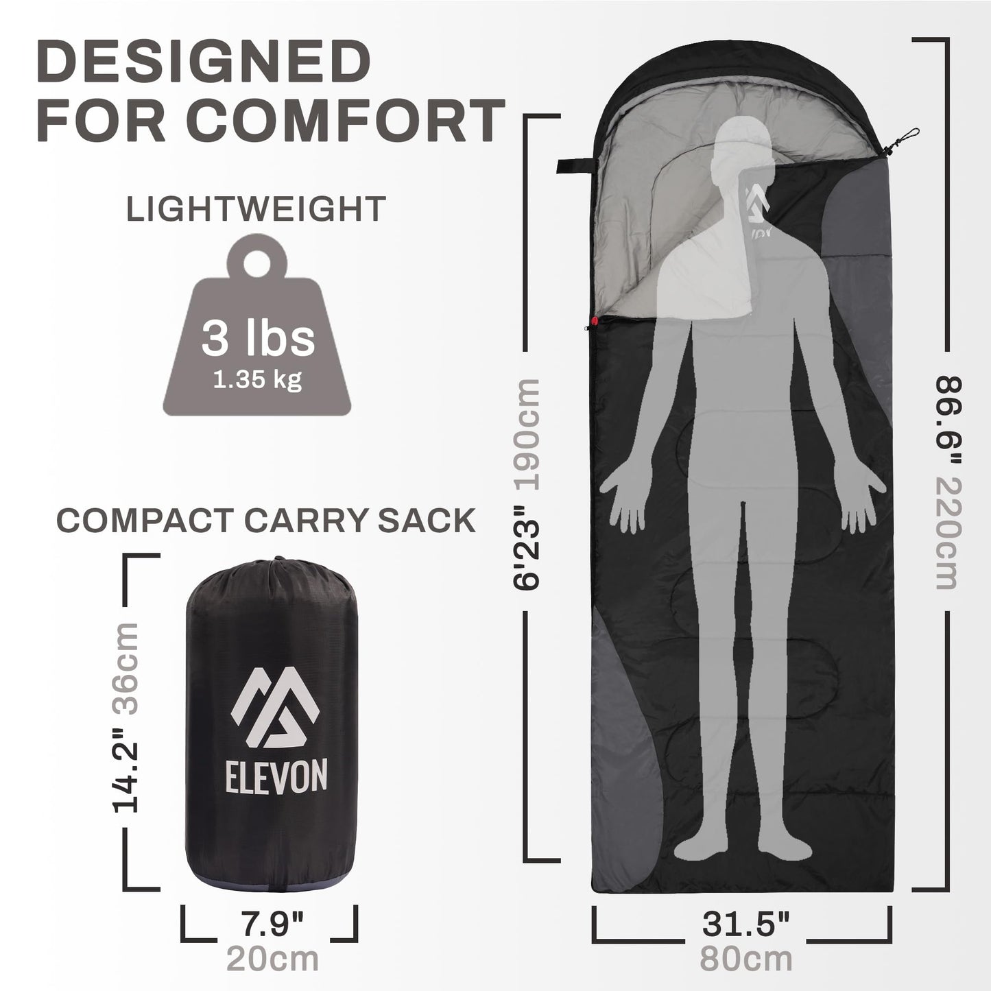 Elevon Sleeping Bag for Adults Teens Kids Cold Warm Weather, Portable Waterproof & Lightweight, Compact with Compression Sack, for 3-4 Seasons Camping, Backpacking, Hiking, Travel, Indoors Outdoors