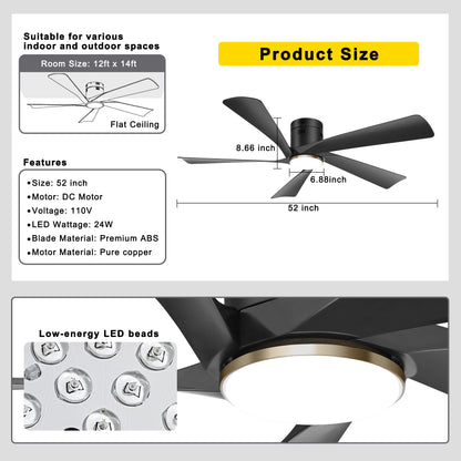 Ohniyou 52” Low Profile Ceiling Fan with Lights, Remote & APP Control Modern Flush Mount Indoor Outdoor Ceiling Fans, Dimmable, Silent DC Motor, Reversible, Black