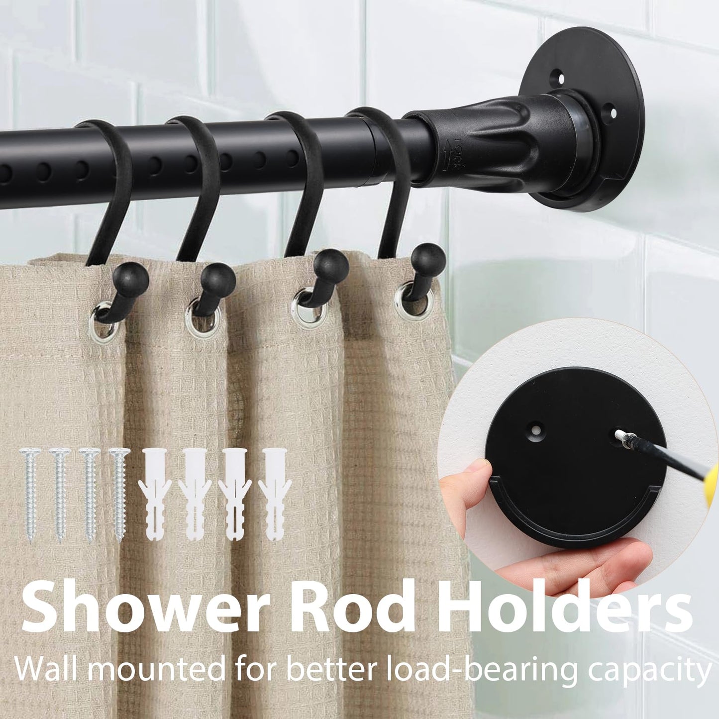 Black Shower Curtain Rod 48 to 84 Inch Adjustable Heavy Duty Stainless Steel Spring Tension Curtain Rods for Bathroom Windows Closet Rod No Drill