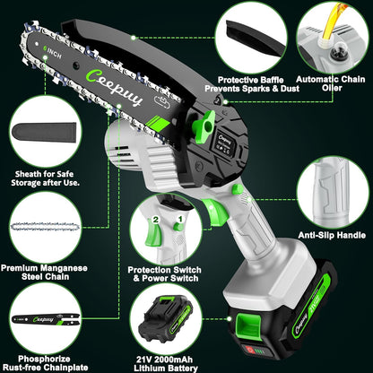 CEEPUY Mini Chainsaw Cordless,[2025 Upgraded] 6 Inch Portable Electric Chain Saw w/Automatic Oiler/Battery Powered Small Handheld Saw w/Security Lock Trees Branches Trimming,Wood Cutting.