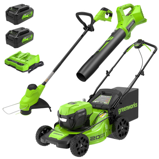 Greenworks 48V (2x24V) 20&quot; Brushless Mower+12&quot; String Trimmer +320CFM Blower,(2) 4.0Ah Batteries and 4A Dual Port Charger