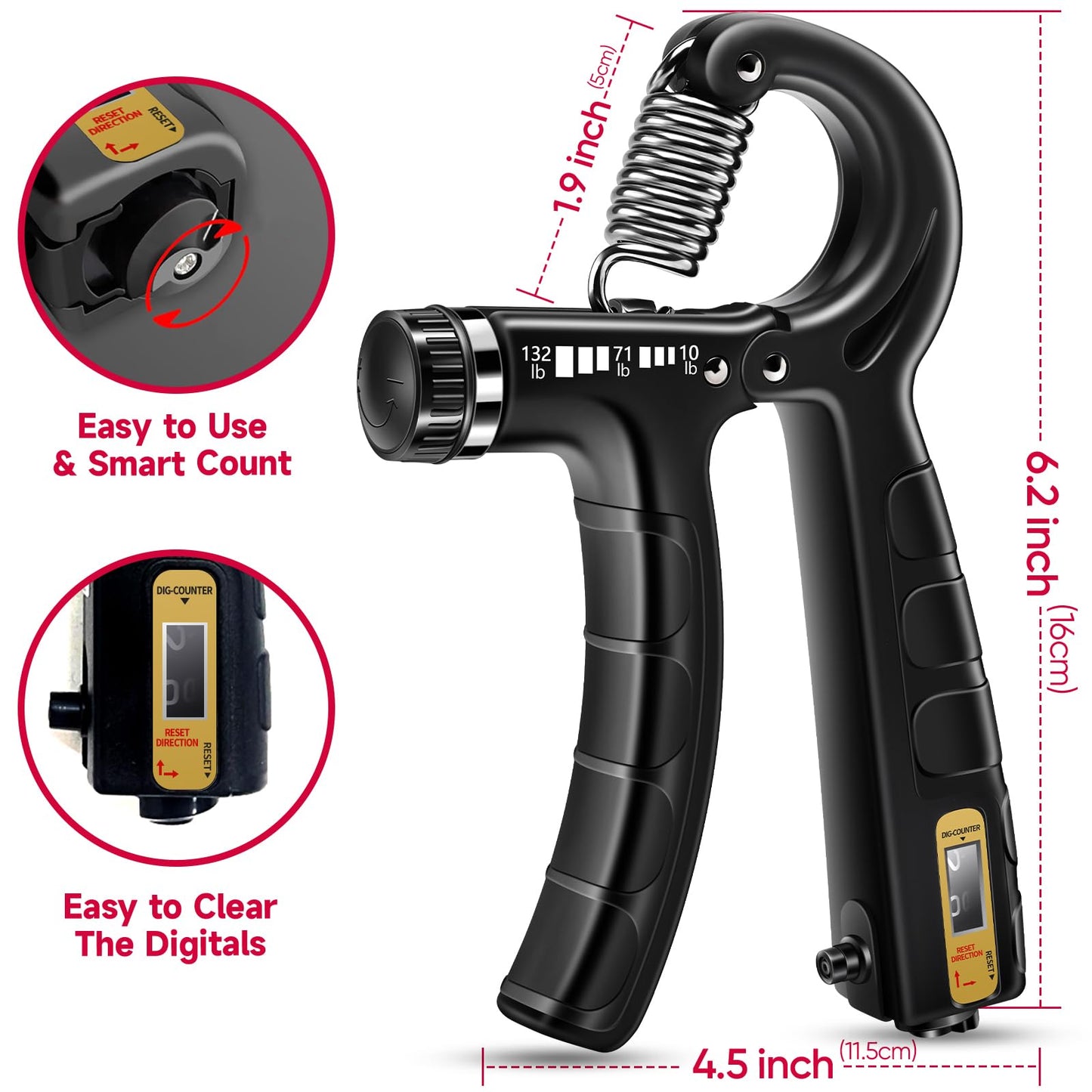 FitBeast Hand Grip Strengthener Workout Kit (5 Pack) - 2 Forearm Adjustable Resistance Grippers, Finger Stretcher, Ring & Stress Relief Ball for Athletes (Black)