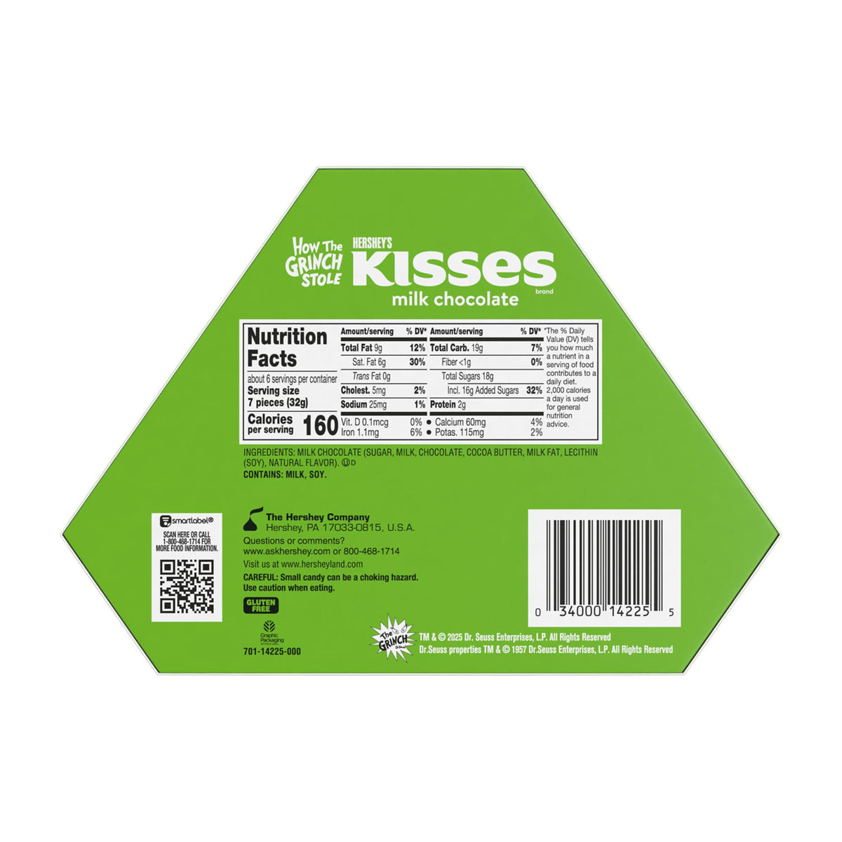 HERSHEY'S KISSES Grinch Milk Chocolate, Christmas Candy Gift Box, 6.5 oz