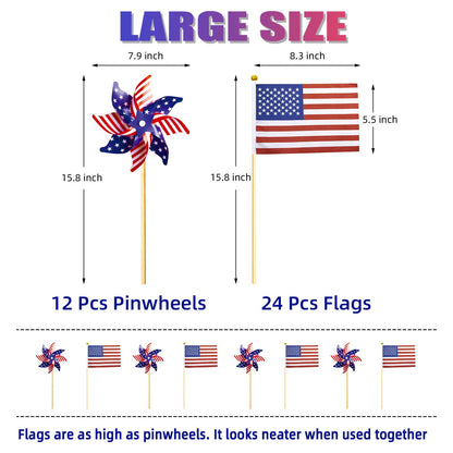 36 Pcs 4th of July Decorations, Patriotic Memorial Day Pinwheels and Flags Small Fourth of July Red White and Blue Labor Day Windmills Independence Day Parade Outdoor Yard Garden Party Decor