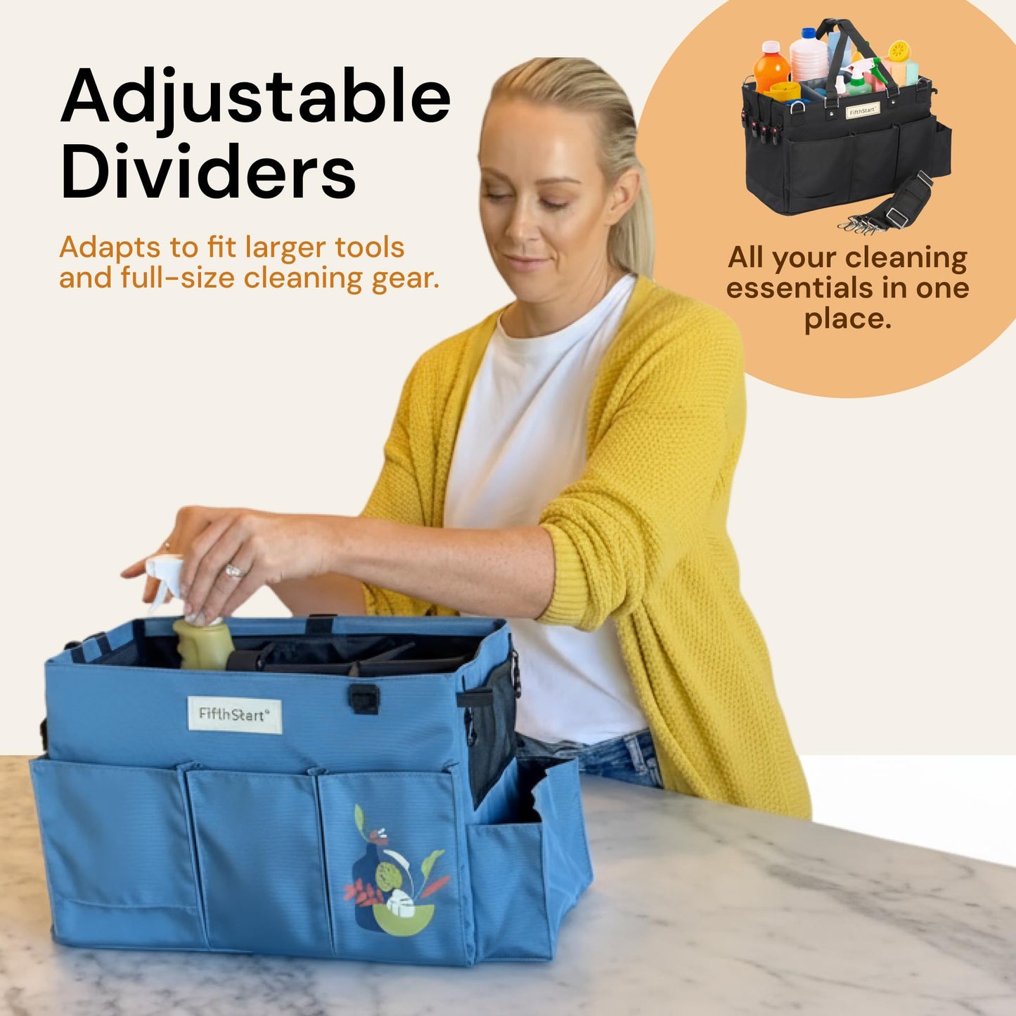 FifthStart Cleaning Supplies Organizer Tote & Caddy - X-Large, Black Nylon - Adjustable Straps for Cleaning Tote - 9 Pockets & Dividers in Organizer Bag - Durable Nylon Construction for Diaper Caddy