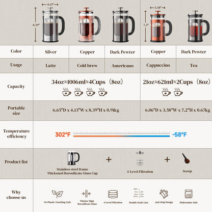 Veken French Press Coffee Maker 34oz 1 L, No Plastic Touching Cafe, Heat Resistant Thickened Borosilicate Glass, Stainless Steel Brewer, Cold Brew Cafetera Teapot for Kitchen Travel Camping, Copper