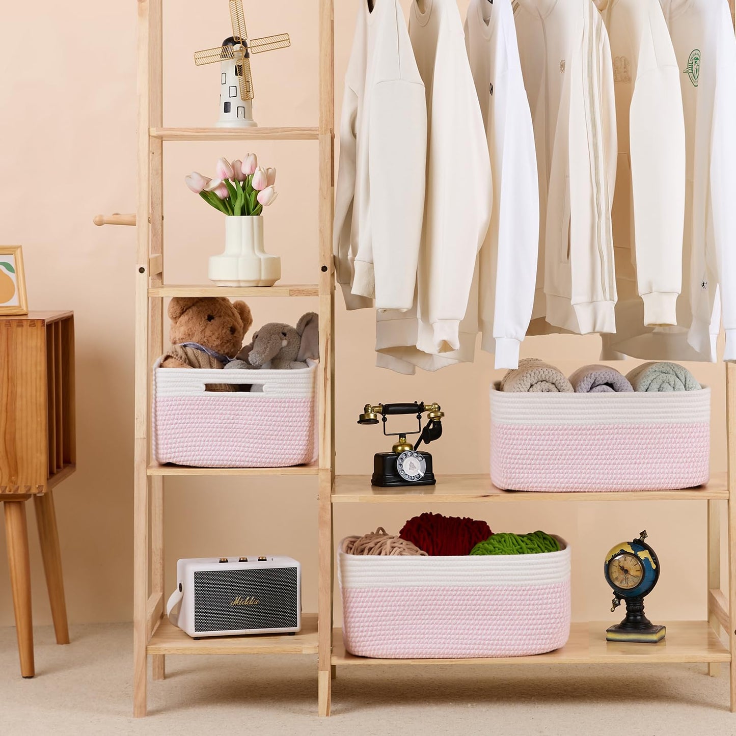 MiniArk Large Storage Baskets for Shelves, Closet Organizers Bins for Clothes Blanket Towels, Baby Nursery, Toy Baskets Box, Woven Rope Baskets, 17 x 13 x 7.5”, 3 Packs Woven Pink