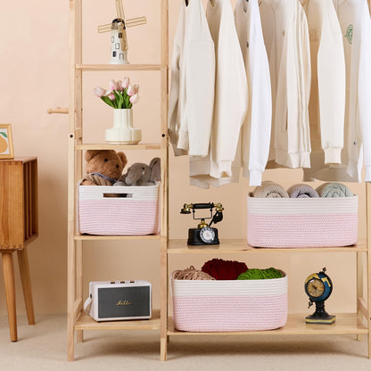 MiniArk Large Storage Baskets for Shelves, Closet Organizers Bins for Clothes Blanket Towels, Baby Nursery, Toy Baskets Box, Woven Rope Baskets, 17 x 13 x 7.5”, 3 Packs Woven Pink