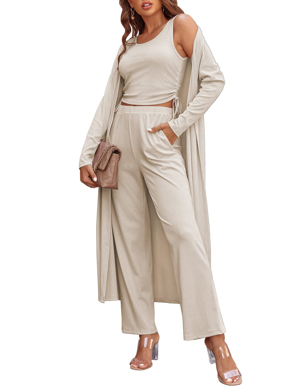 Ekouaer Women's 3 Piece Lounge Set Pajama Long Sleeve Cardigan Sleeveless Top Pants SweatsuitCreamLarge