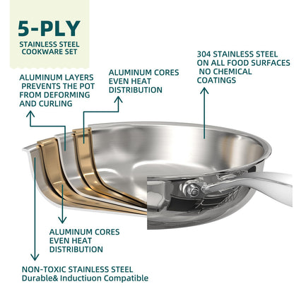 Umite Chef Stainless Steel Cookware Set, 5 Ply 14 Piece Stainless Steel Pot and Pan Set-Induction, Heavy Chef Quality, Oven Safe | Professional Kitchen Cooking Appliances, PFOA, PTFE & PFOS Free