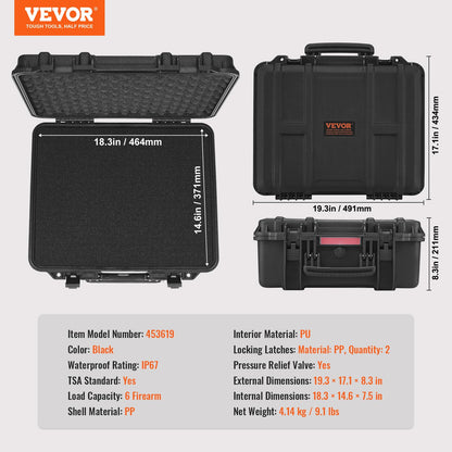 VEVOR Hard Pistol Cases with Pre-cut PU Foam, Waterproof & Dustproof Hard Gun Case for 6 Pistol & 21 Magazine, 19.3×17.1×8.3 in Lockable Pistol Case, Black