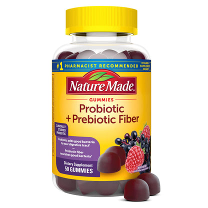 Nature Made Probiotic + Prebiotic Fiber Gummies, Gut Health, Fiber Supplement and Probiotics for Digestive Health, 50 Gummies, 25 Day Supply