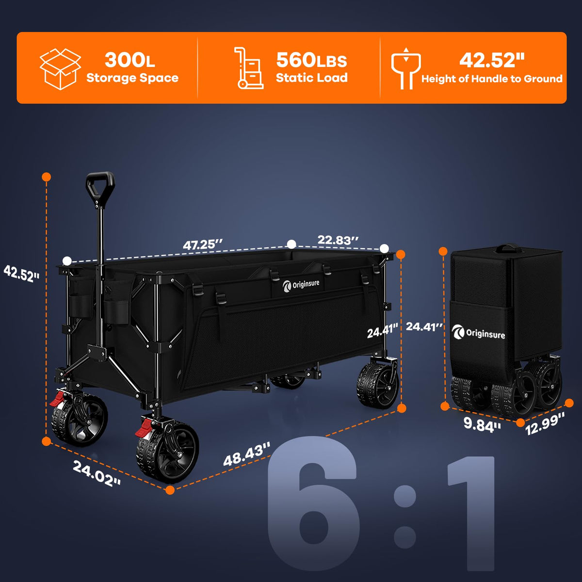 48" L Collapsible Wagon Cart Foldable, 560lbs Weight Capacity 300L Heavy Duty Folding Beach Wagons with Big All-Terrain Wheels, Utility Carts for Groceries, Shopping, Camping, Sports - Black