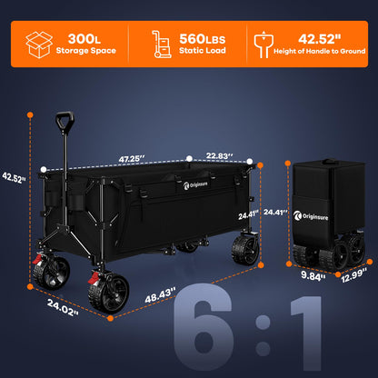 48" L Collapsible Wagon Cart Foldable, 560lbs Weight Capacity 300L Heavy Duty Folding Beach Wagons with Big All-Terrain Wheels, Utility Carts for Groceries, Shopping, Camping, Sports - Black
