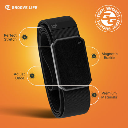 Groove Life Groove Belt Black/Black - Men's Stretch Nylon Belt with Magnetic Aluminum Buckle, Lifetime Coverage - Large (37-40")
