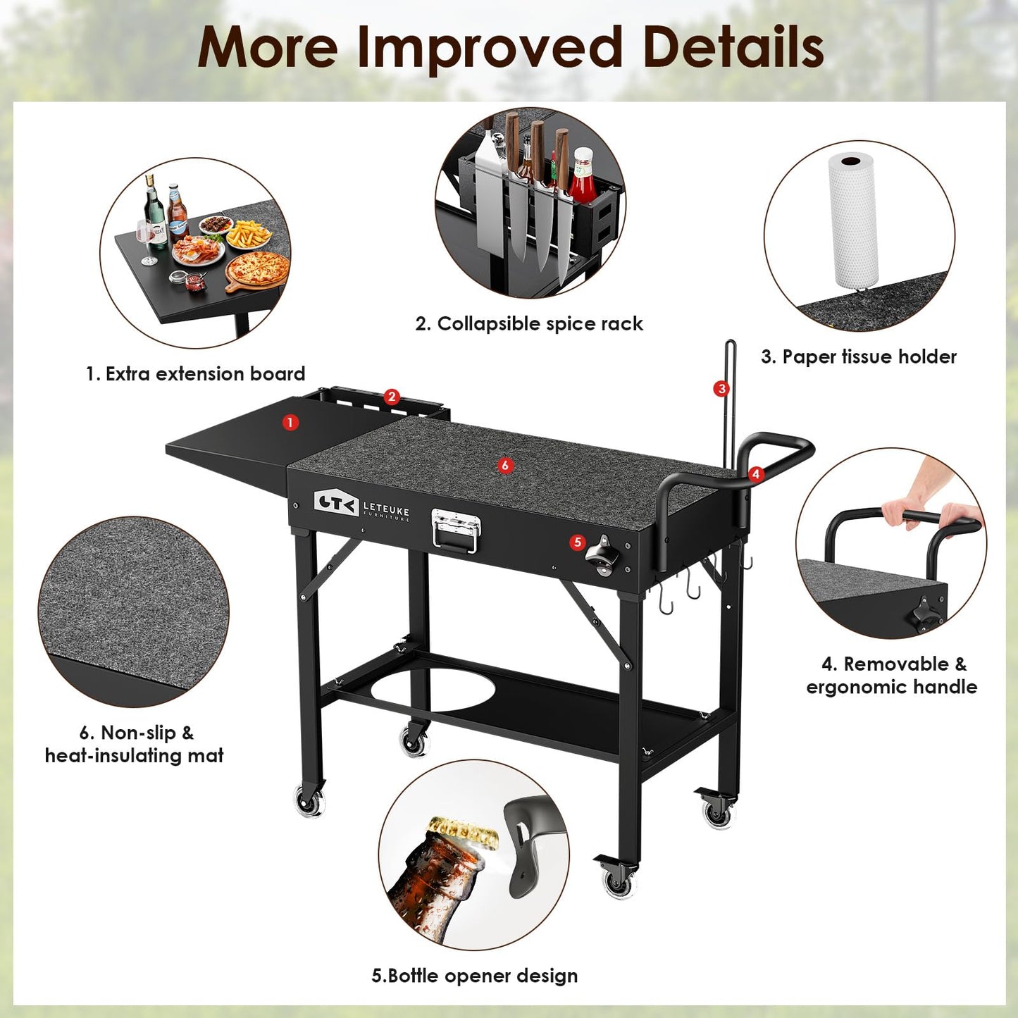 Leteuke Grill Cart for Blackstone Griddle, Portable Outdoor Grill Table, Foldable Cart Table with Wheels for Ninja Grill, Grill Cart Fit 17 Inch Or 22 Inch Griddle, BBQ Prep Table with Seasoning Tray