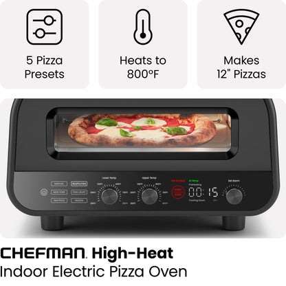CHEFMAN Indoor Pizza Oven - Makes 12 Inch Pizzas in Minutes, Heats up to 800°F - Countertop Electric Maker with 5 Touchscreen Presets, Pizza Stone and Peel Included - Stainless Black