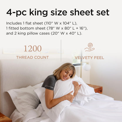 Threadmill Luxury 1200 Thread Count Supima Cotton Sheets, 4 Pc White King Size Sheet Set, 5-Star Hotel Quality with Deep Pocket