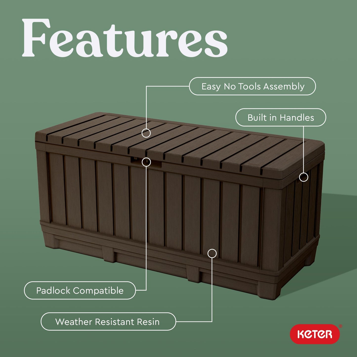 Keter Kentwood 92 Gallon Resin Deck Box-Organization and Storage for Patio Storage Box Outdoor Cushions, Throw Pillows, Garden Tools and Pool Floats, Brown