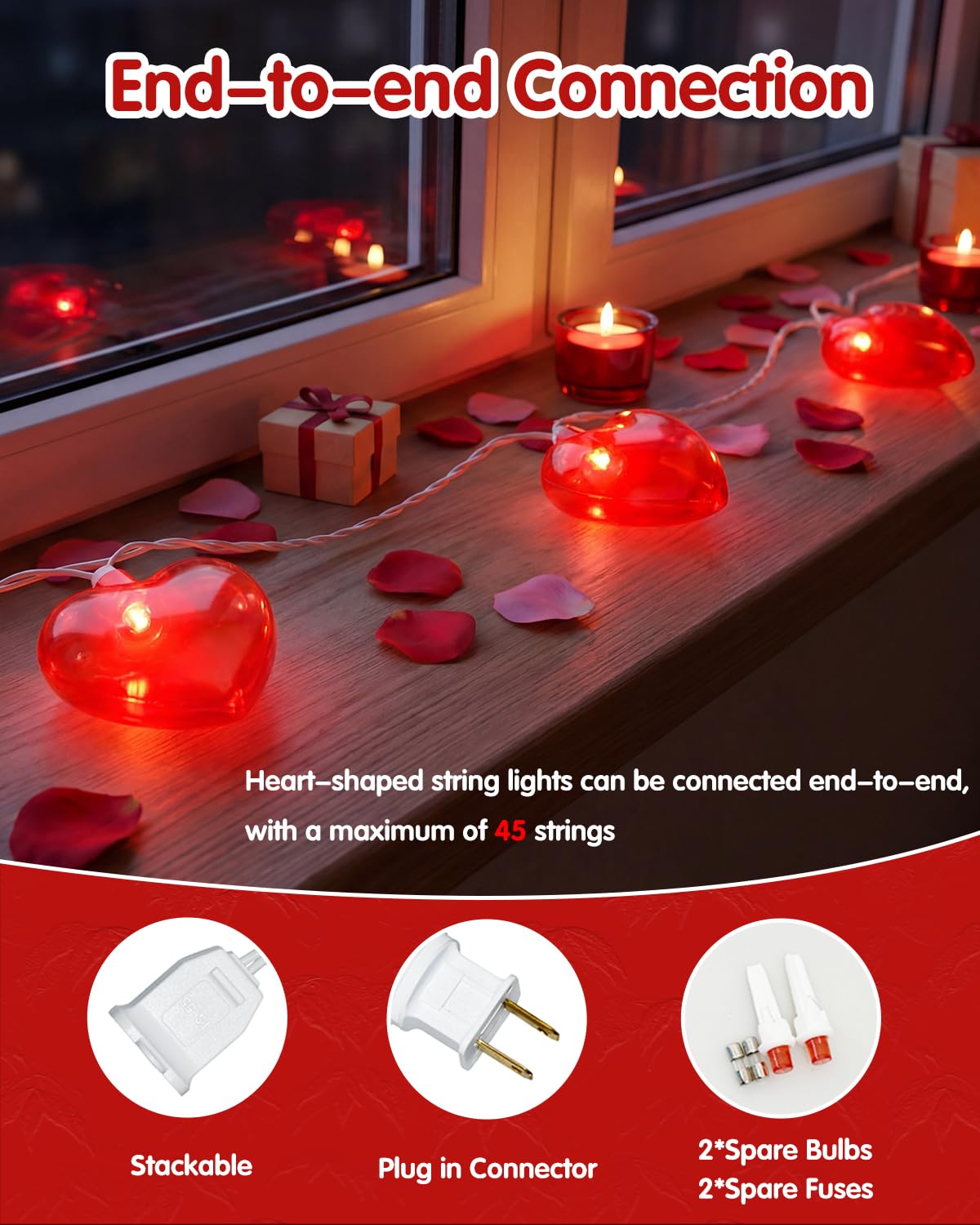 SUNSGNE 8.5Ft Red Heart String Lights, Valentines Lights with 10 LED Red Heart Bulbs for Valentine Mother's Day Wedding Anniversary Party Christmas Decor