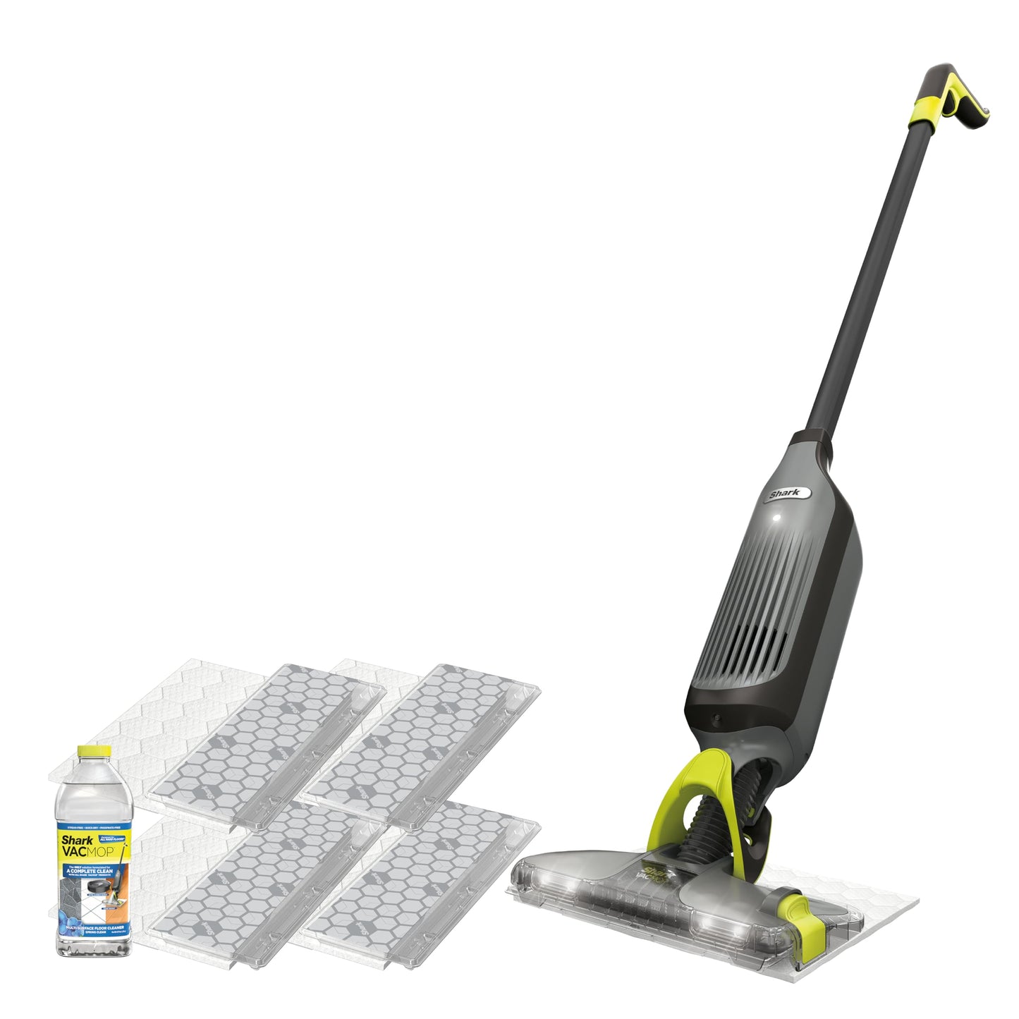 Shark VACMOP Cordless Hard Floor Cleaner, Vacuum and Spray Mop, Powerful Suction, Lightweight, LED Headlights, Includes 4 Disposable Pads, 12oz Multi-surface Cleaning Solution, Gray, VM252
