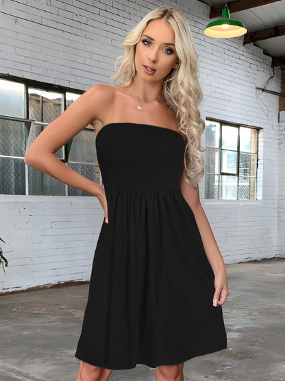CHICGAL Womens Summer Sun Dress Casual Beach Strapless Cover ups Wedding Guest Dresses Tube Sundress (Black,L)