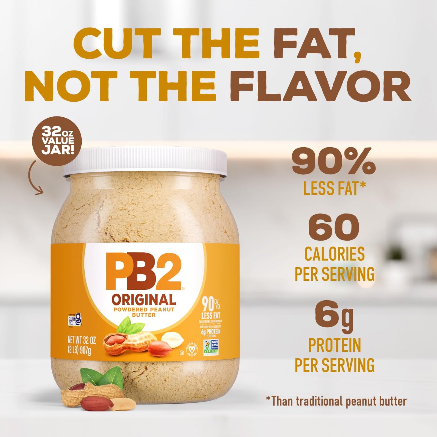 PB2 Powdered Peanut Butter Powder | 2LB Jar | Certified Gluten Free, Low-Carb, Keto Diet Friendly | Original Flavor with 6G of Protein, 90% Less Fat, 60 Calories Per Serving | Easy Mix for Healthy, Fit Diet