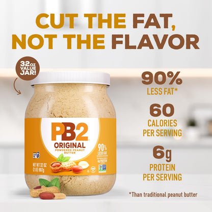 PB2 Powdered Peanut Butter Powder | 2LB Jar | Certified Gluten Free, Low-Carb, Keto Diet Friendly | Original Flavor with 6G of Protein, 90% Less Fat, 60 Calories Per Serving | Easy Mix for Healthy, Fit Diet