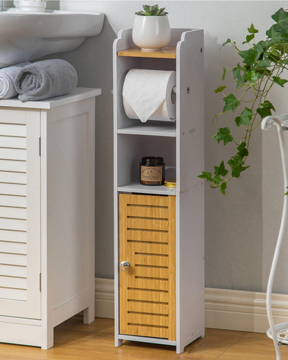 AOJEZOR Toilet Paper Holder Stand: Small Bathroom Storage Cabinet - Pure White/Bamboo