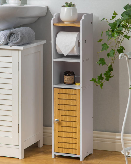 AOJEZOR Toilet Paper Holder Stand: Small Bathroom Storage Cabinet - Pure White/Bamboo
