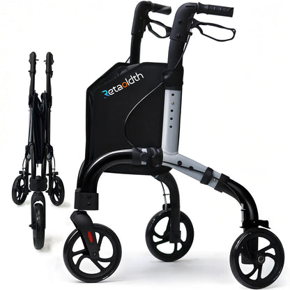 Premium 3 Wheel Rollator Walker for Seniors, Lightweight Foldable Elderly Three Wheeled Rollator with Storage Bag, Aluminum Mobility Aid Rolling Walker