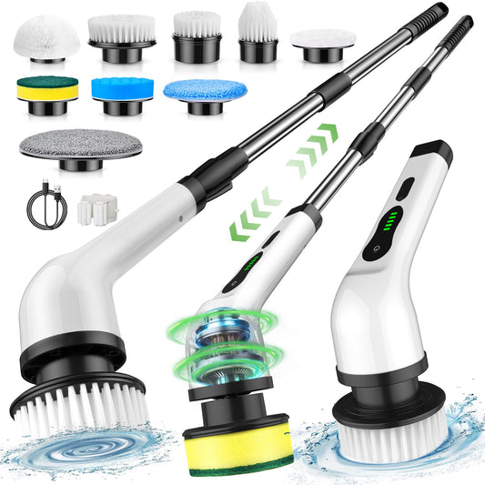 Electric Spin Scrubber, Cordless Cleaning Brush, Shower Scrubber with 8 Brush Heads 2H Power Dual Speed, Adjustable Extension Handle, IPX7 Waterproof for Tub Tile Floor Car, LX XP1