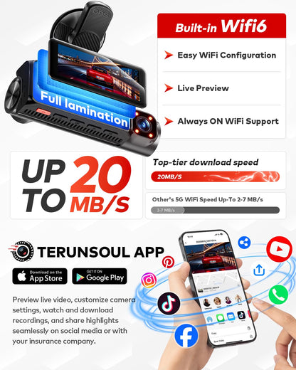 TERUNSOUl 4K+4K+1080P 3 Channel Dash Cam Front and Rear with Cabin, Free 128GB Card Included, 5.8GHz WiFi6 - up to 20MB/s, IR Night Vision, Built-in GPS, G-Sensor, 24H Parking Mode, Support 512GB Max
