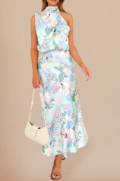 PRETTYGARDEN Women's 2025 Summer Satin Dress Elegant Sleeveless Mock Neck Cocktail Party Maxi Dresses (Print Blue,Large)