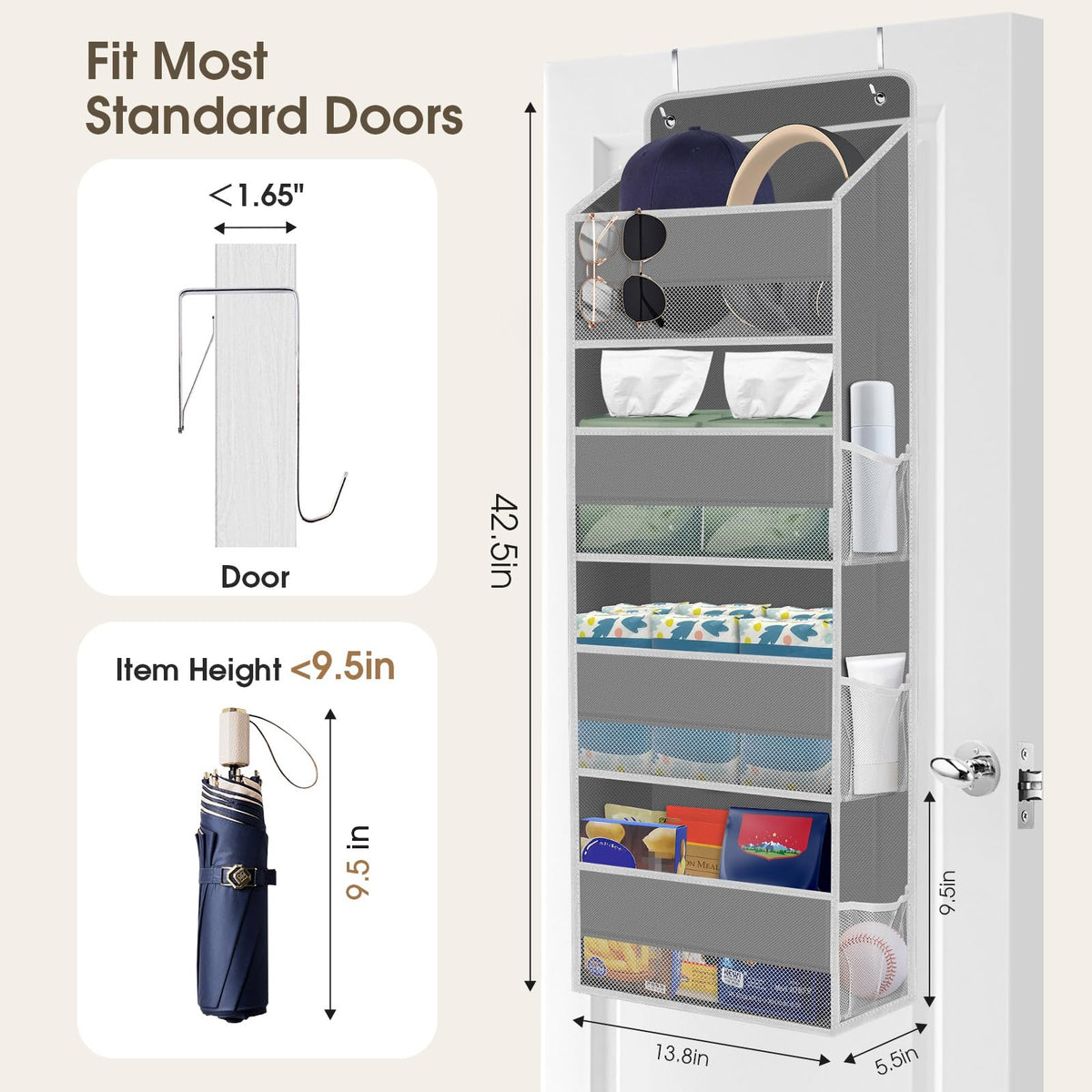 SpaceHacks 1 Pack Over The Door Organizer, Hanging Storage Organizer with Clear Window, 40lb Ultra Sturdy Large Capacity Room Organizer for Pantry Laundry Bathroom Nursery Closet Baby Essential (Grey)