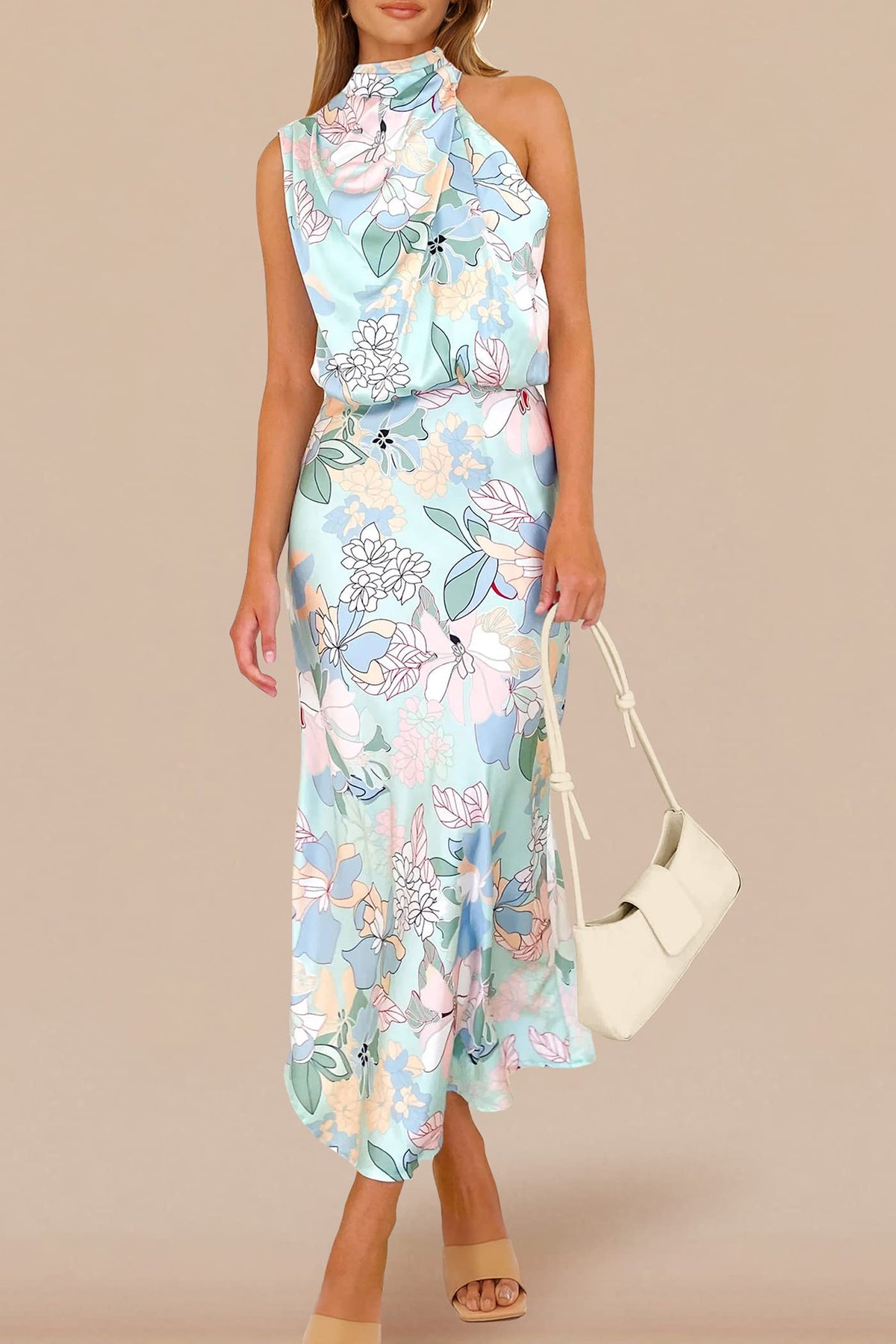 PRETTYGARDEN Women's 2025 Summer Satin Dress Elegant Sleeveless Mock Neck Cocktail Party Maxi Dresses (Print Blue,Large)