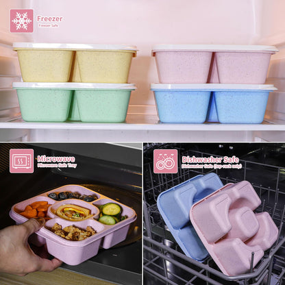 Original Lunchable Snack Containers - 5 Compartments Bento Snack Boxes with 1 Leakproof Small Containers, Wheat Straw, BPA-Free, Set of 2 (Green+Yellow)