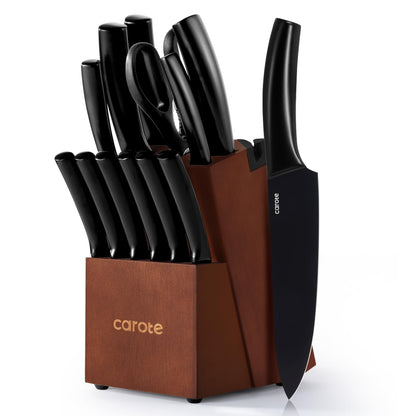 CAROTE 14Pcs Kitchen Knife Set, Dishwasher Safe knife set with Block and Sharpener, Stainless Steel Cutlery with Razor-Sharp Blades, 6 Steak Knives, Full-Black