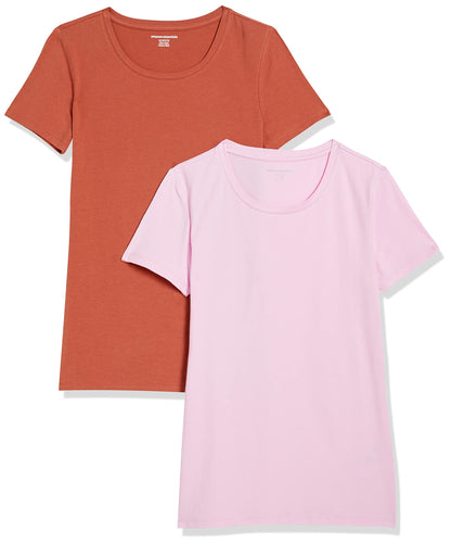Amazon Essentials Women's Classic-Fit Short-Sleeve Crewneck T-Shirt, Pack of 2, Light Pink/Terracotta, Medium