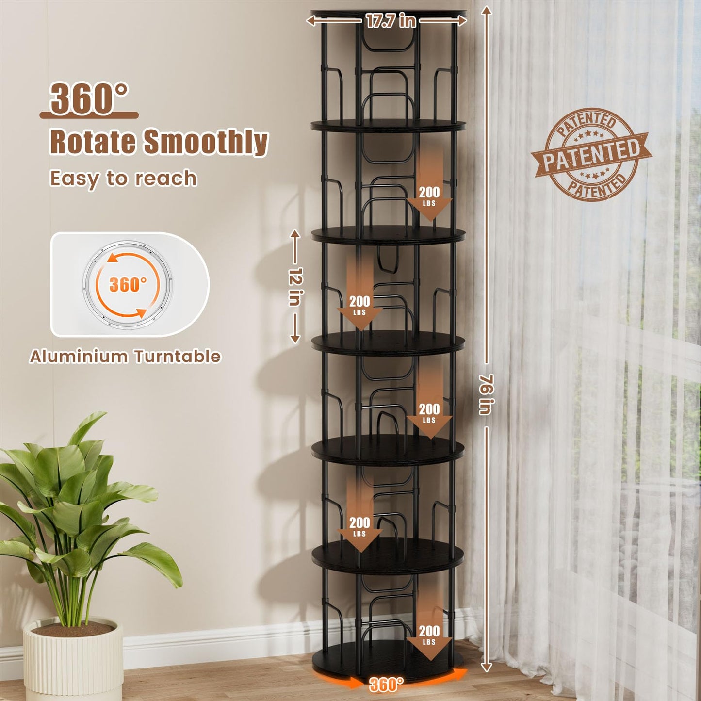 ALLSTAND 6 Tier Rotating Bookshelf, 360 ° Display Stackable Spinning Bookshelf Tower, Corner Bookshelf Tall Floor Standing Swivel Bookcase Narrow Storage Organizer for Bedroom, Living Room, Black