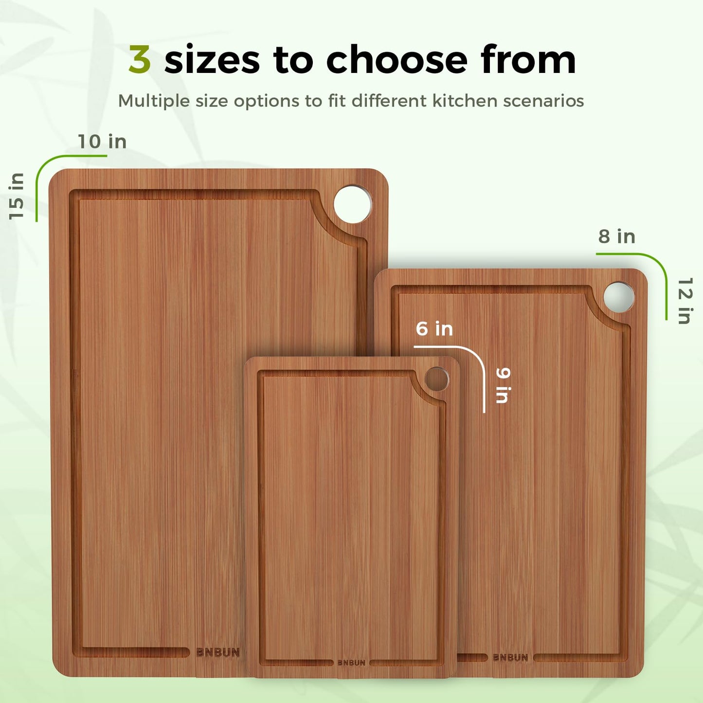 BNBUN Bamboo Cutting Board for Kitchen, Wooden Cutting Board 3-Piece Set with Non-Slip Mat Deep Juice Groove and Built-In Handles, Wood Cutting Board for Meat Vegetables Fruit Ideal Gift for the Home