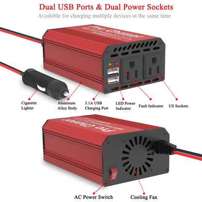 Pro Chaser 400W Power Inverters for Vehicles - DC 12v to AC 110v Car Inverter Converter, 6.2A Dual USB Charging Ports, Dual AC Adapter for Laptops Air Compressor
